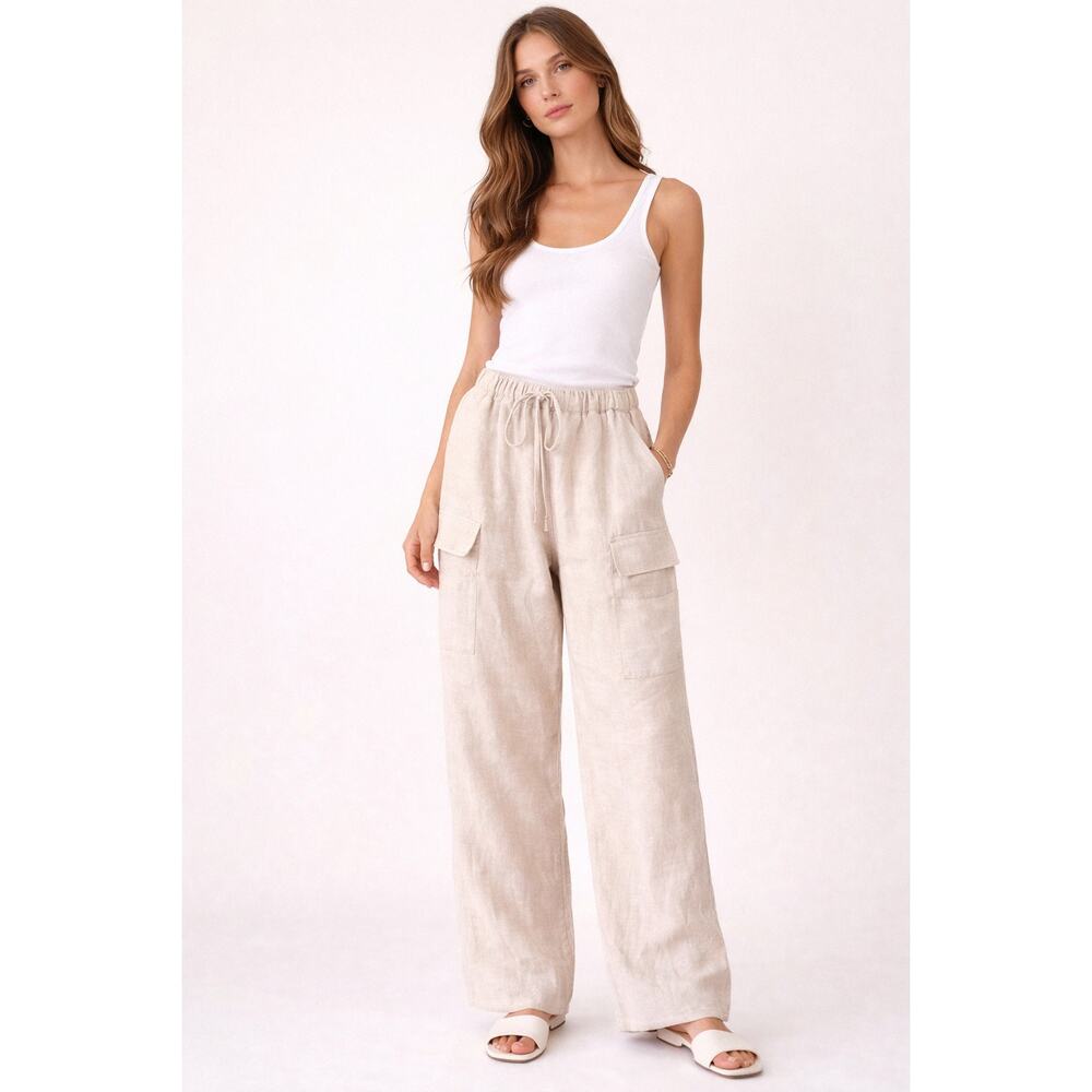 Reformation Linen  The Ethan Cargo Pants Beige Drawstring Wide Leg Small